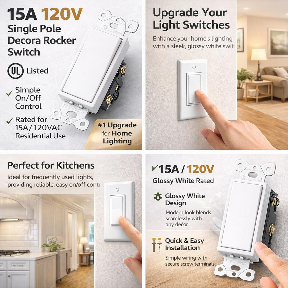 Interrupteur à bascule unipolaire Decora BBS 15A 120V | Blanc brillant | Certifié UL | YGD-003