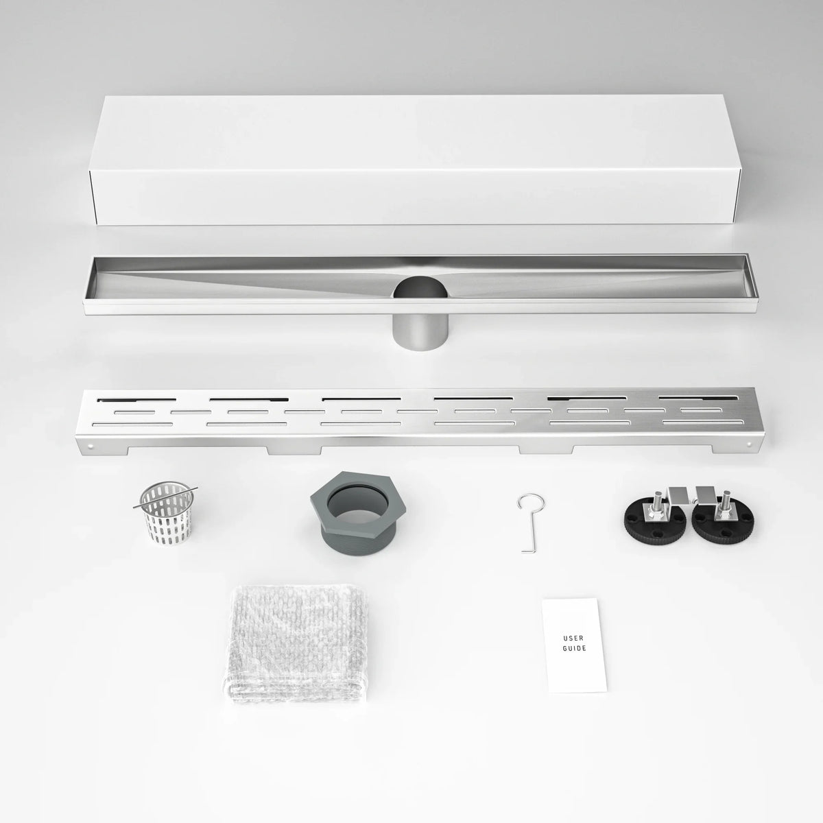 Stainless steel linear shower drain kit with grate, filter, gaskets, screws, and user guide.