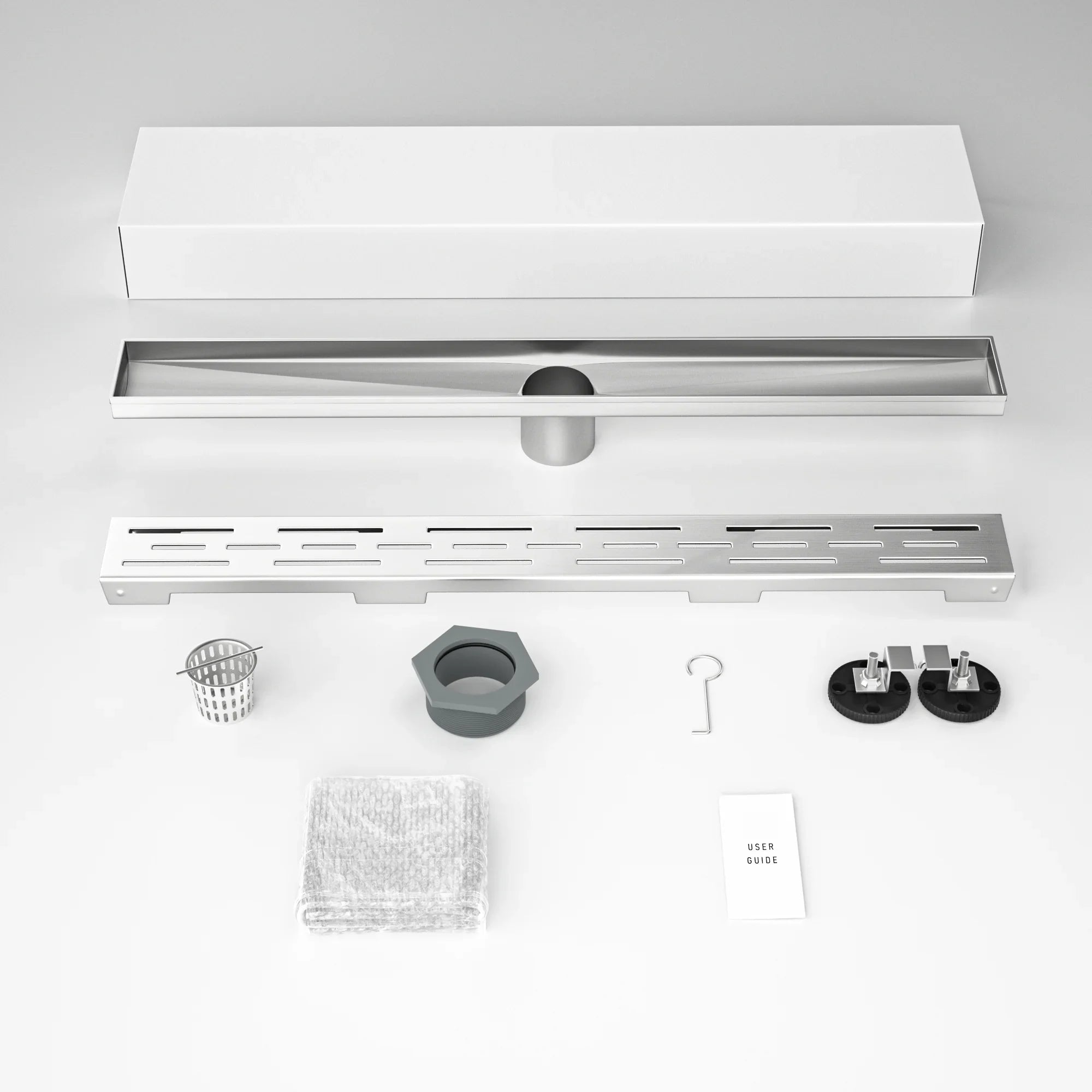 Stainless steel linear shower drain kit with grate, filter, gaskets, screws, and user guide.