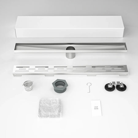 Stainless steel linear shower drain kit with grate, filter, gaskets, screws, and user guide.