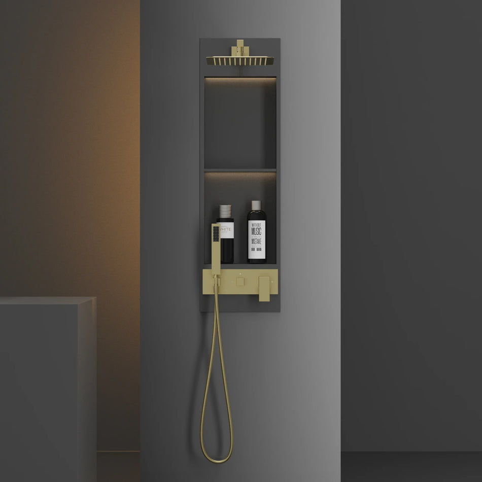 Gold Finish Built-In Shower Panel System with Niche Rainfall and Handheld Shower | British Building Supplies - British Building Supplies Ltd