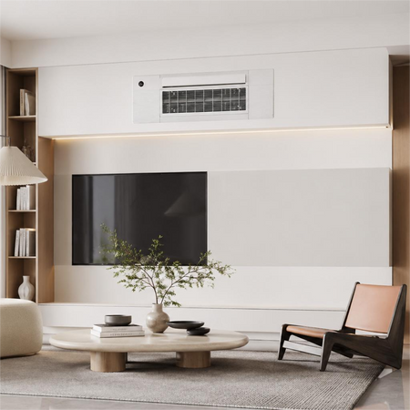 mini split cassette indoor unit ceiling installation in living room Canada