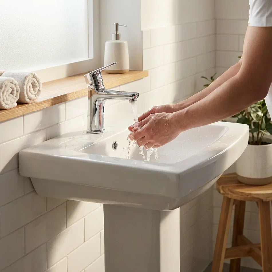 Bolina L8235 pedestal sink with integrated front overflow protection