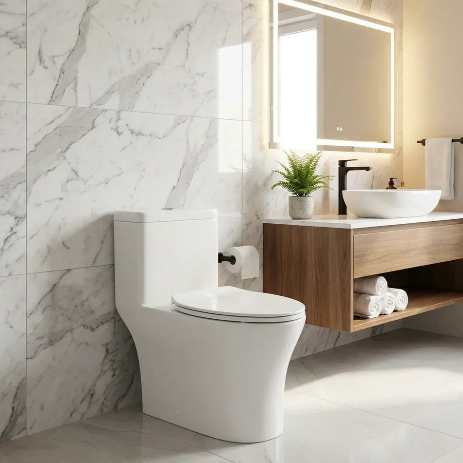 BOLINA W8515D One-Piece Elongated Dual Flush Toilet Soft-Close Seat Gloss White | British Building Supplies | bathroom