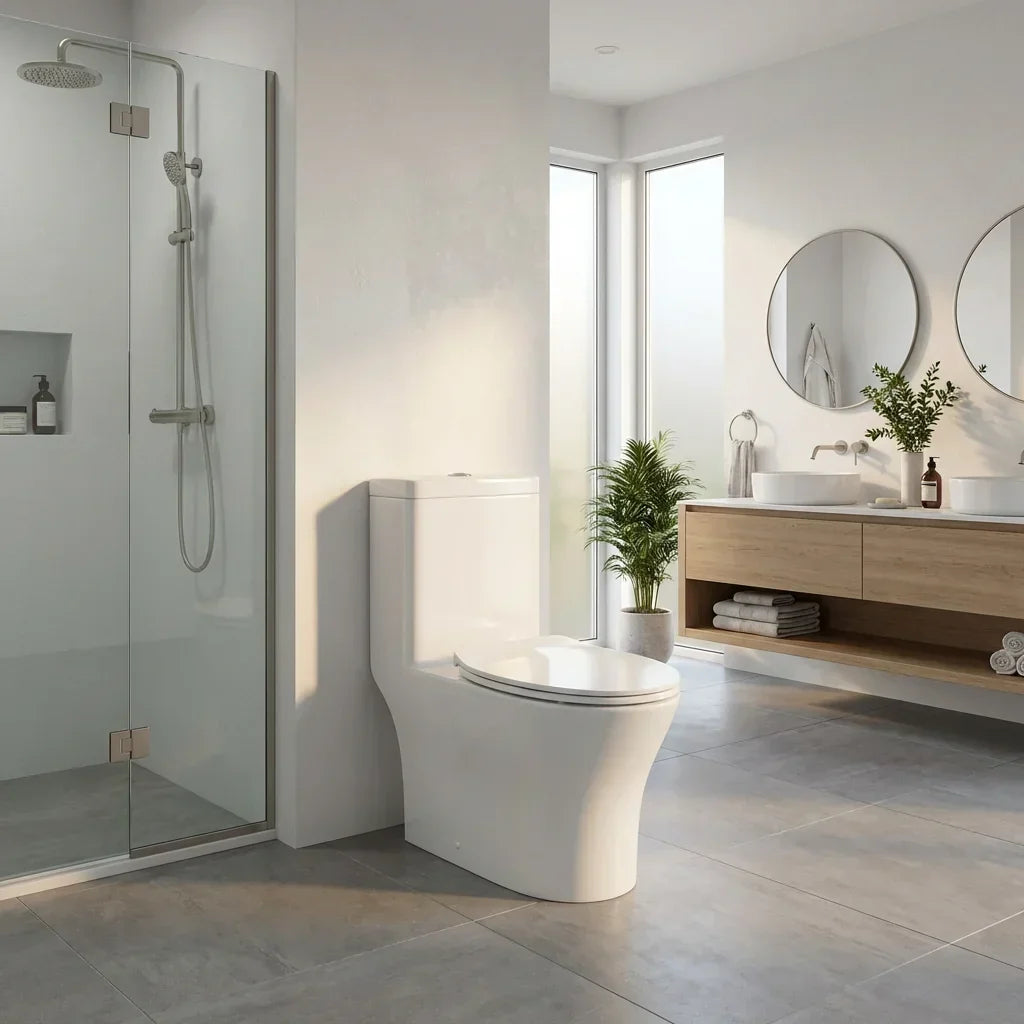 BOLINA W8515D One-Piece Elongated Dual Flush Toilet Soft-Close Seat Gloss White | British Building Supplies | bathroom2