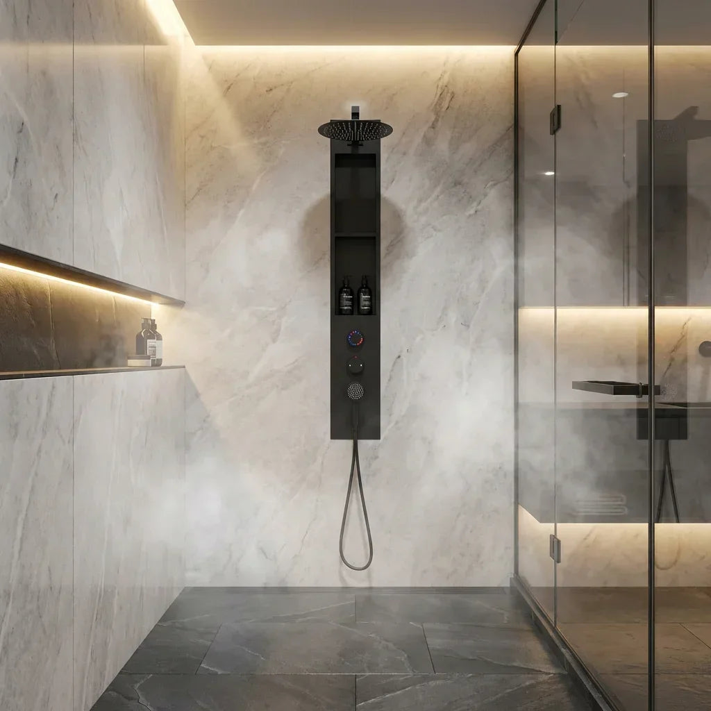 Matte Black Built-In Shower Panel System Rainfall Head and Handheld Shower | British Building Supplies