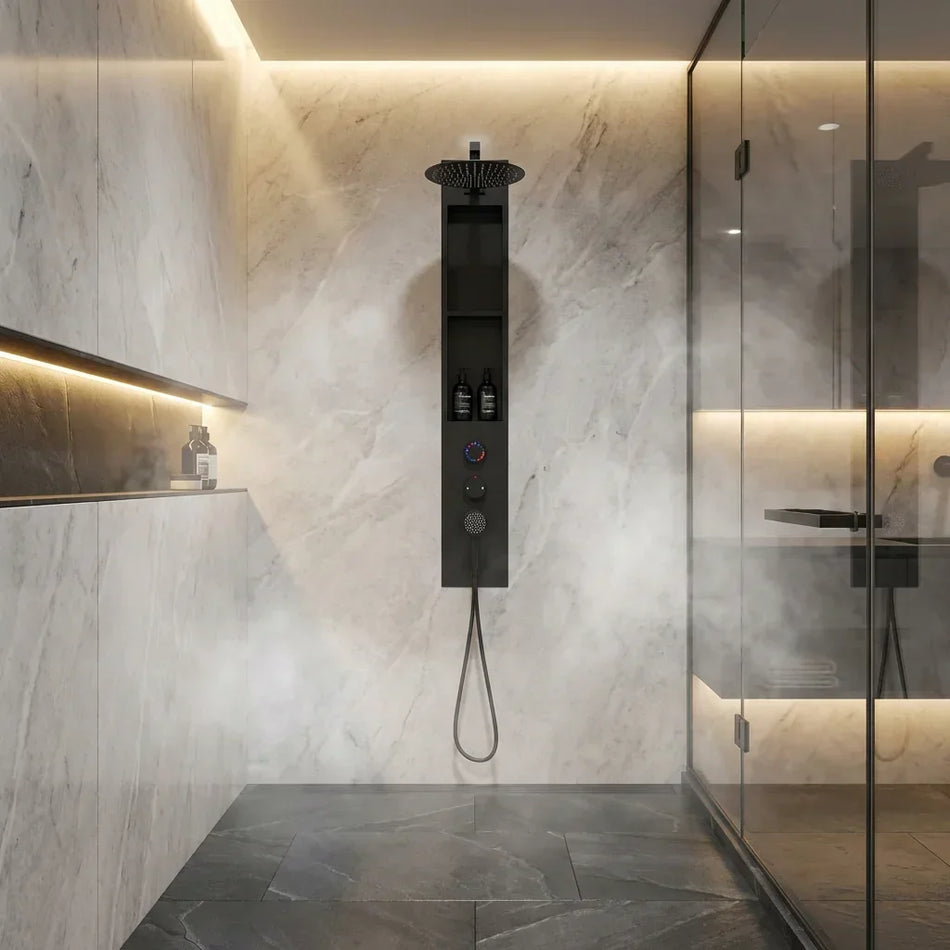 Matte Black Built-In Shower Panel System Rainfall Head and Handheld Shower | British Building Supplies