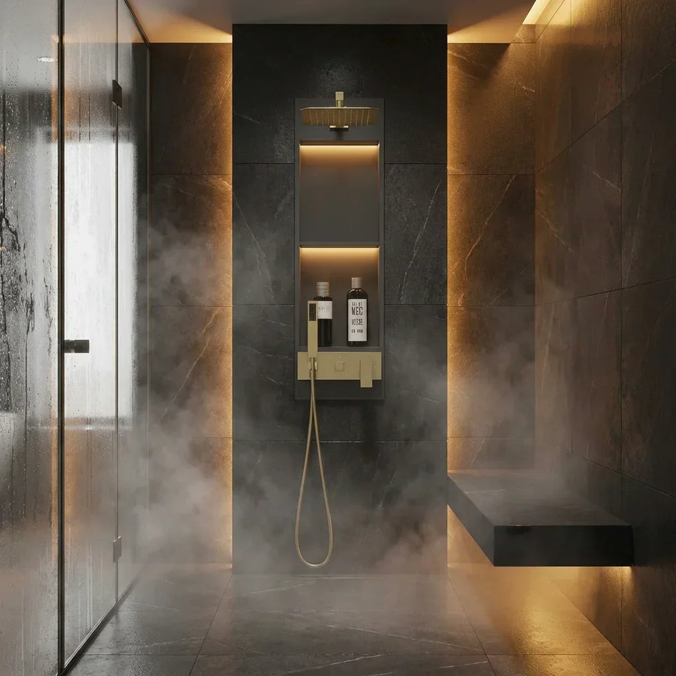 Gold Finish Built-In Shower Panel System with Niche Rainfall and Handheld Shower | British Building Supplies | bathroom