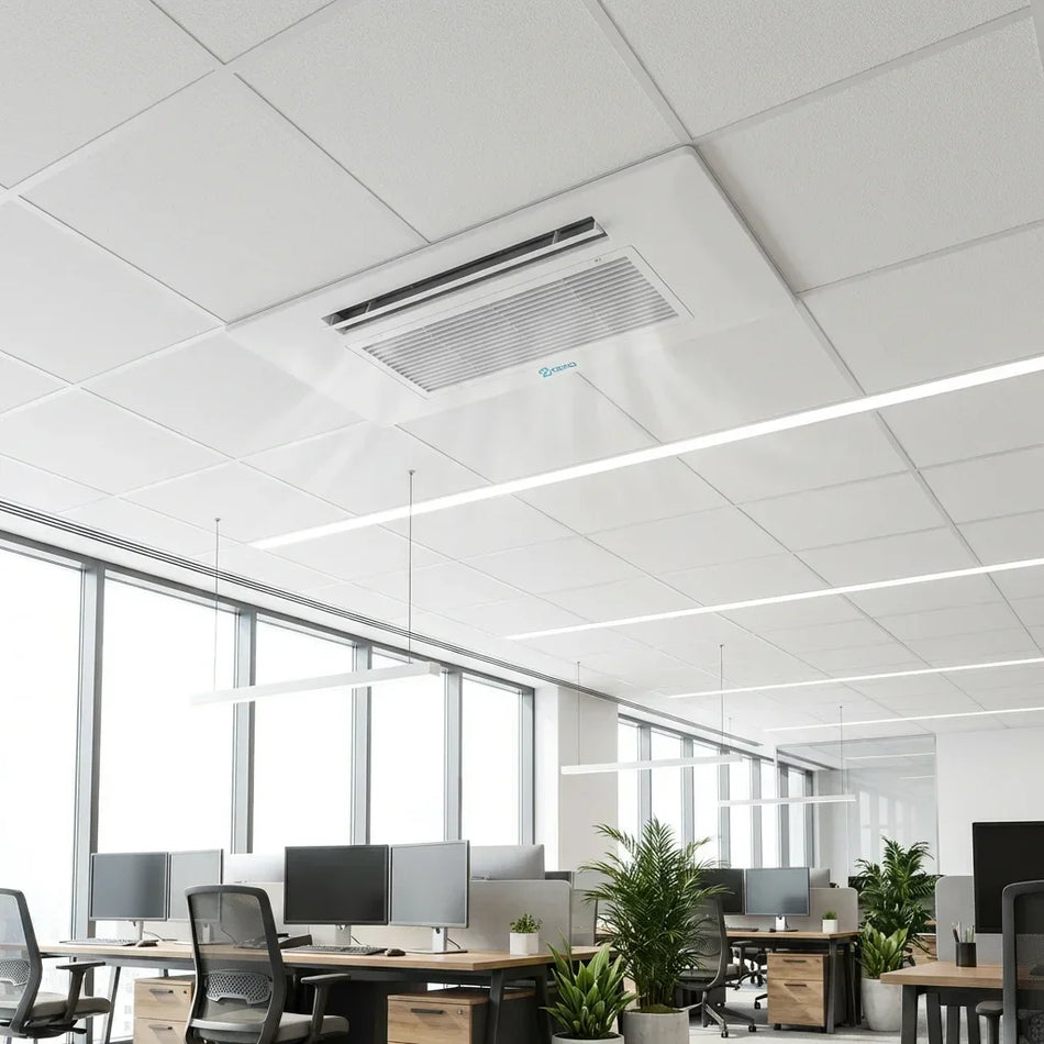 ceiling cassette mini split installed in modern office Canada hidden air conditioning system