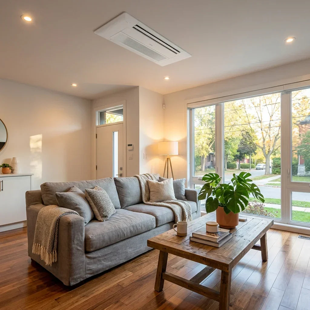 ceiling cassette mini split installed in modern living room Canada hidden air conditioning system
