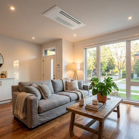 ceiling cassette mini split installed in modern living room Canada hidden air conditioning system