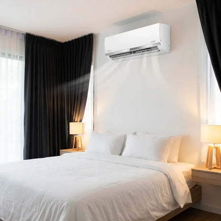 mini split heat pump installed in modern bedroom Canada wall mounted AC system