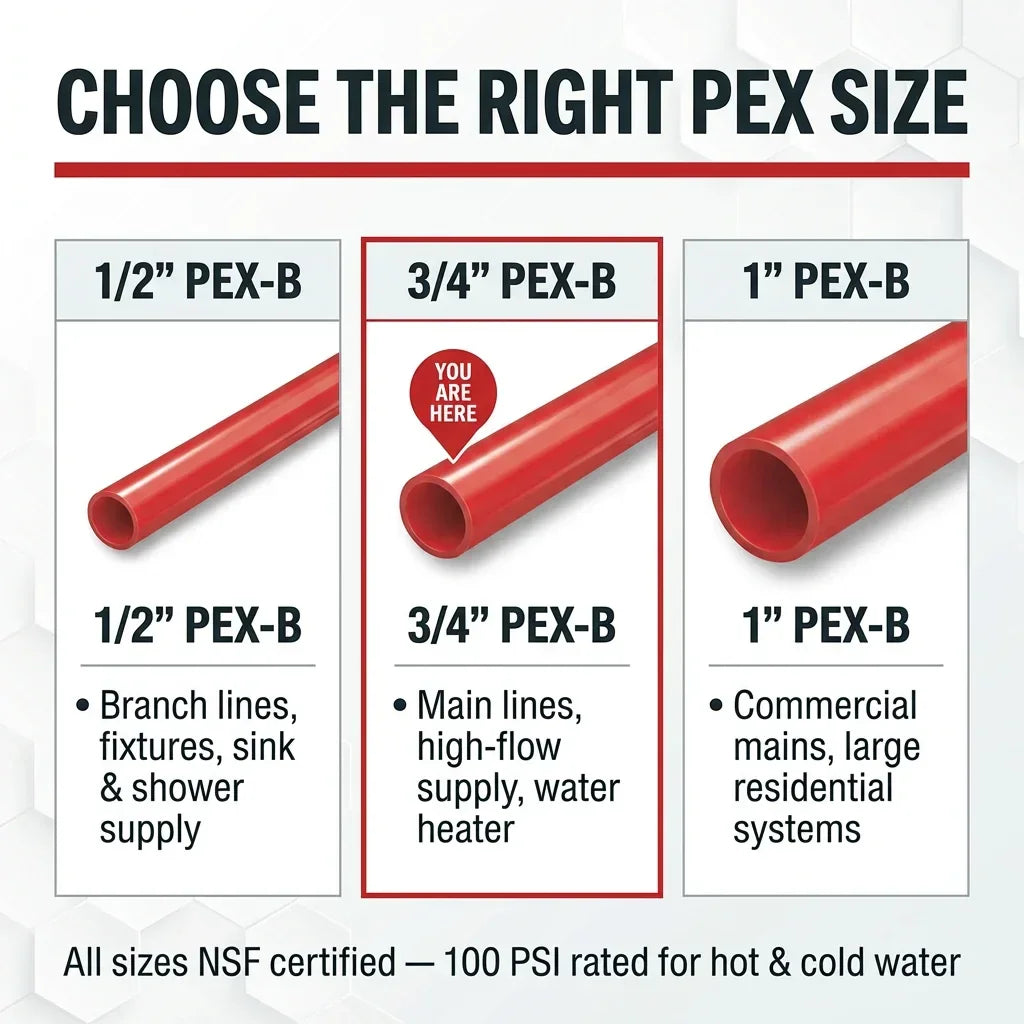 One Plus 3/4 Inch 20ft PEX-B Straight Pipe NSF Certified 100 PSI Red Hot Water | British Building Supplies｜ different sizes of PEX-B tubing with descriptions and certification details.