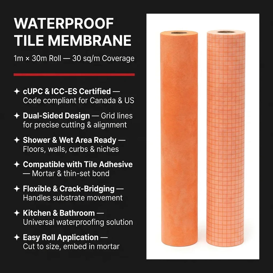 Waterproof Tile Membrane 1m x 30m Roll CUPc ICC-ES Certified Shower Bathroom Kitchen Waterproofing | British Building Supplies | features 