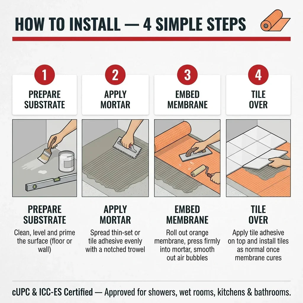 Waterproof Tile Membrane 1m x 30m Roll CUPc ICC-ES Certified Shower Bathroom Kitchen Waterproofing | British Building Supplies | Step-by-step guide on how to install tiles