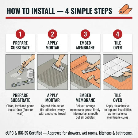 Waterproof Tile Membrane 1m x 30m Roll CUPc ICC-ES Certified Shower Bathroom Kitchen Waterproofing | British Building Supplies | Step-by-step guide on how to install tiles